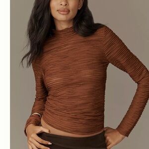 Pilcro Metallic Textured Turtleneck Top Brown Textured Long Sleeve Top